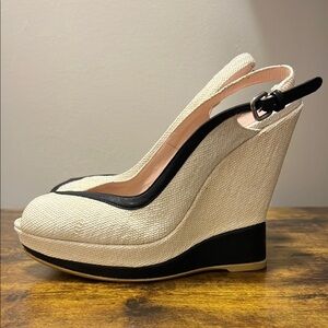 Stuart Weitzman Black and White Wedge Sandals with Peep-Toe